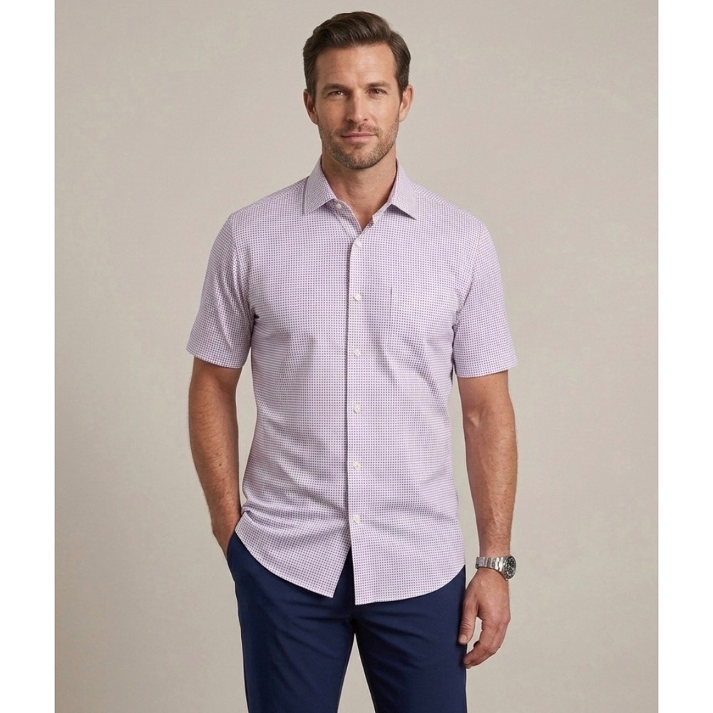 Peter Millar Button Up Short Sleeve Shirt Purple Micro Dot Preppy‎ Casual Large